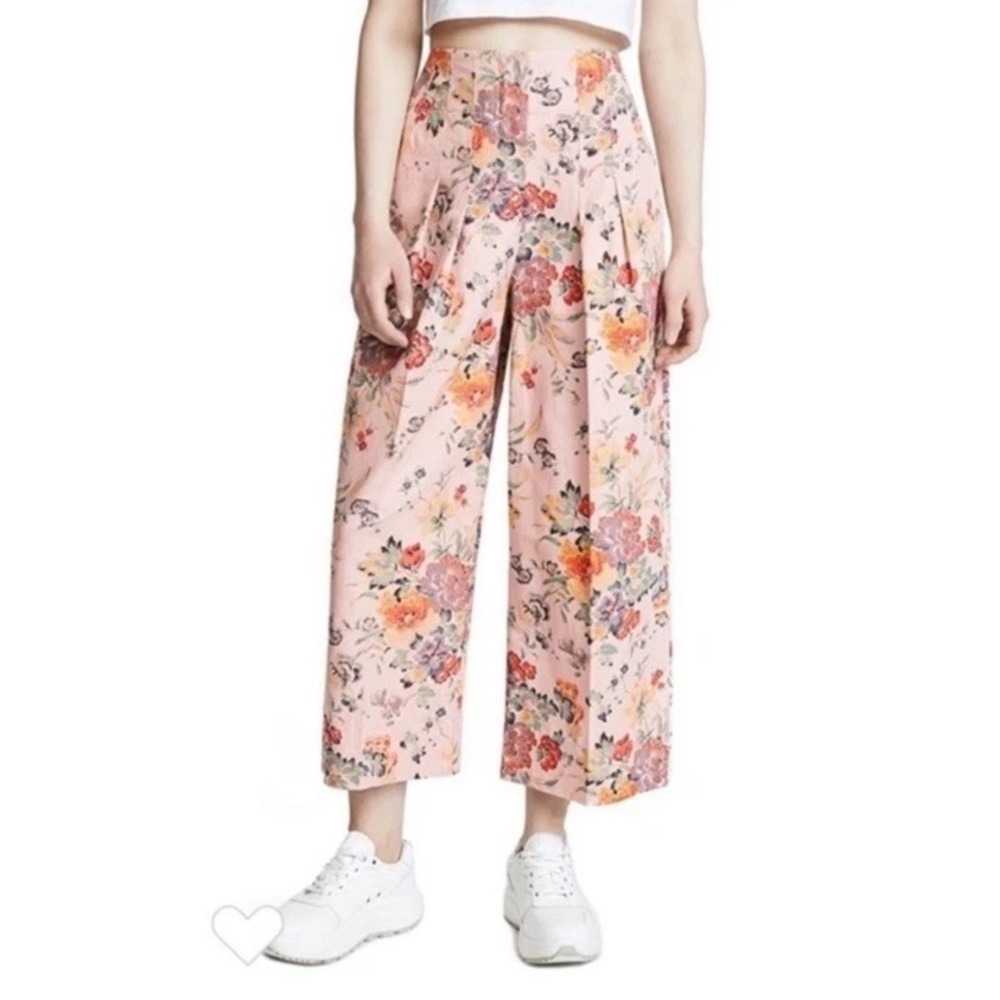 Rebecca Taylor Pink Floral Wide Leg Cropped Pleated High Rise Pants Culottes 0